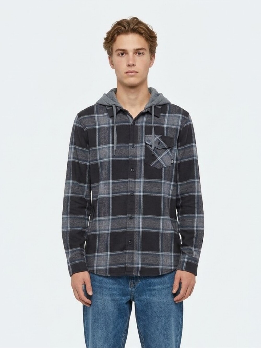 Vans Off The Wall Plaid Hooded Flannel Shirt Jacket Shacket Mens Small Gray